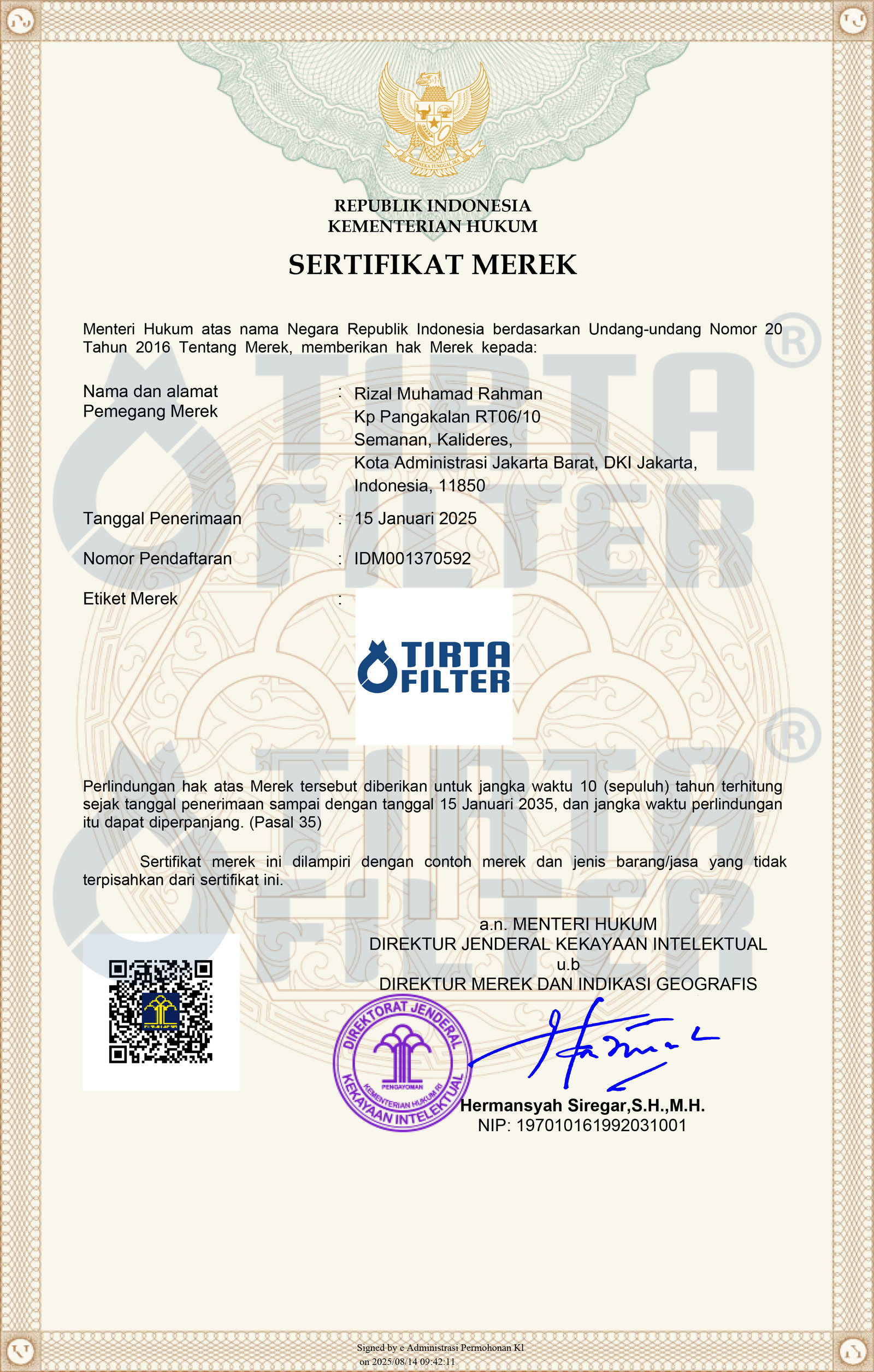 Sertifikat Merek Tirta Filter